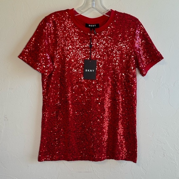 DKNY women’s XS red sequin short sleeve top. NWT - Picture 1 of 13